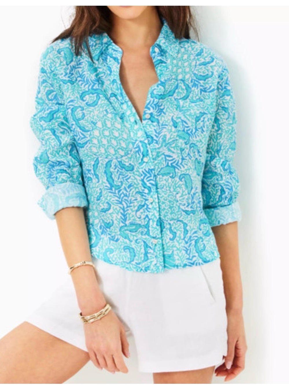 NEW Lilly Pulitzer Coralynn Button Down Resort White Goombay Grooves linen M
